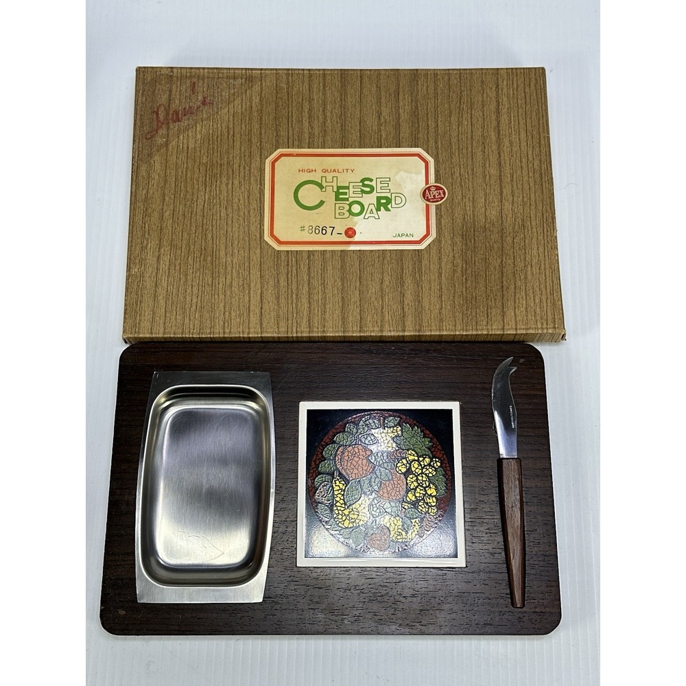 Vintage 1970s Wooden Cheese‎ Board Knife Ceramic Tile Metal Tray Never Used NIB